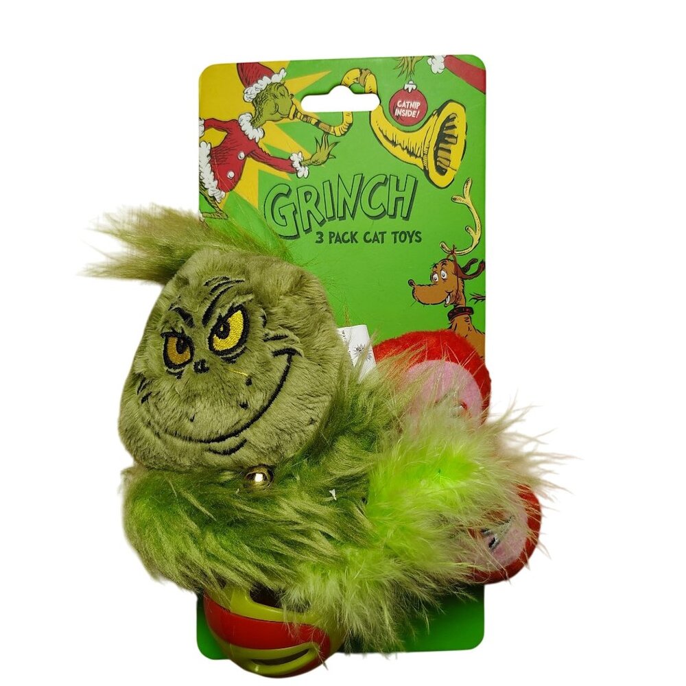 Dr. Seuss Grinch Cat Toy 3-Pack Catnip Ball With Bells and Crinkle Plush